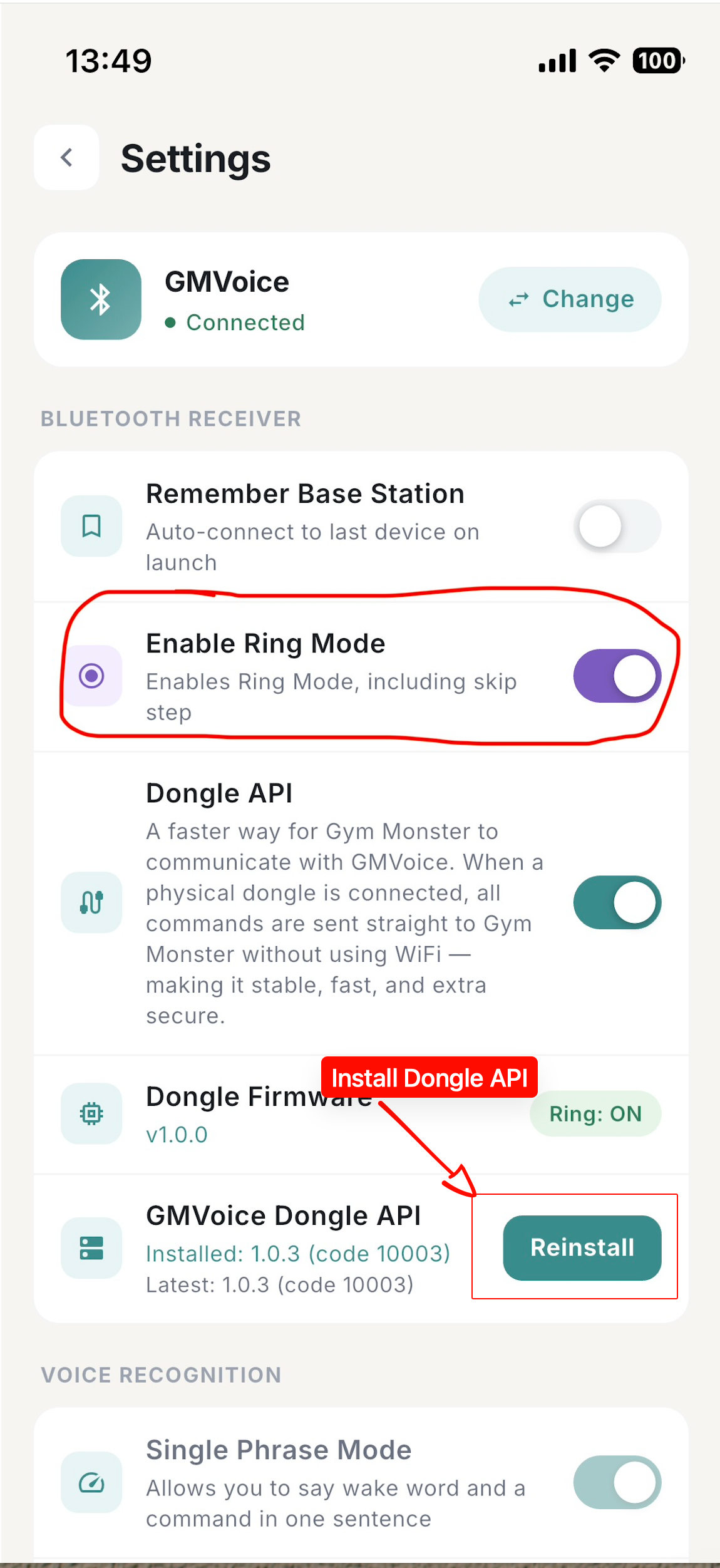 GMVoice Einstellungen mit eingeschaltetem Dongle API Schalter und der Zeile GMVoice Dongle API samt Installieren-Button, beides im Bereich Bluetooth Receiver.