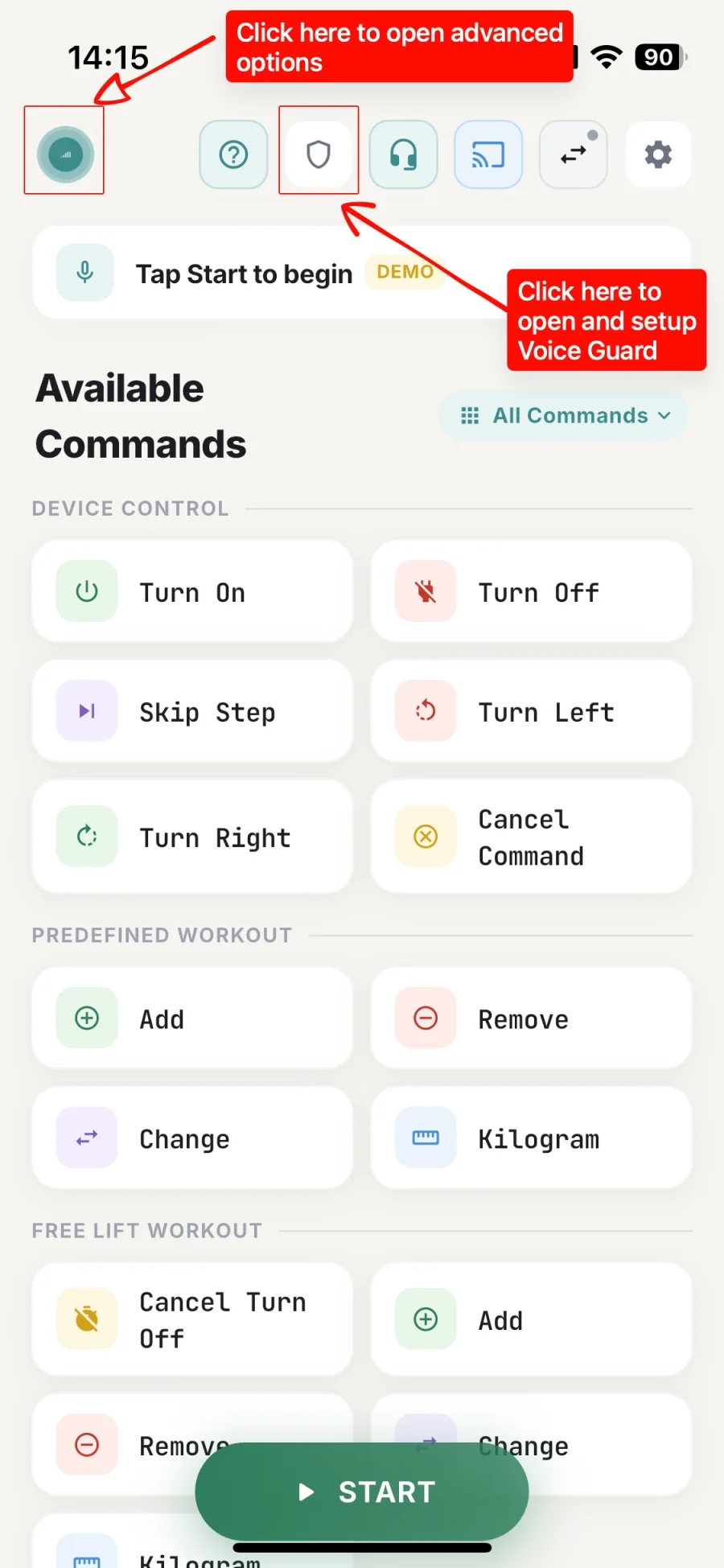 GMVoice main screen with the GMVoice logo in the top-left corner highlighted as the way to open advanced options, and the shield icon highlighted as the way to open Voice Guard.