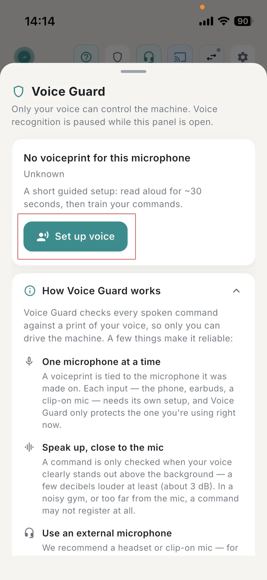 The GMVoice Voice Guard panel showing 'No voiceprint for this microphone' and the 'Set up voice' button highlighted, above an explanation of how Voice Guard works.