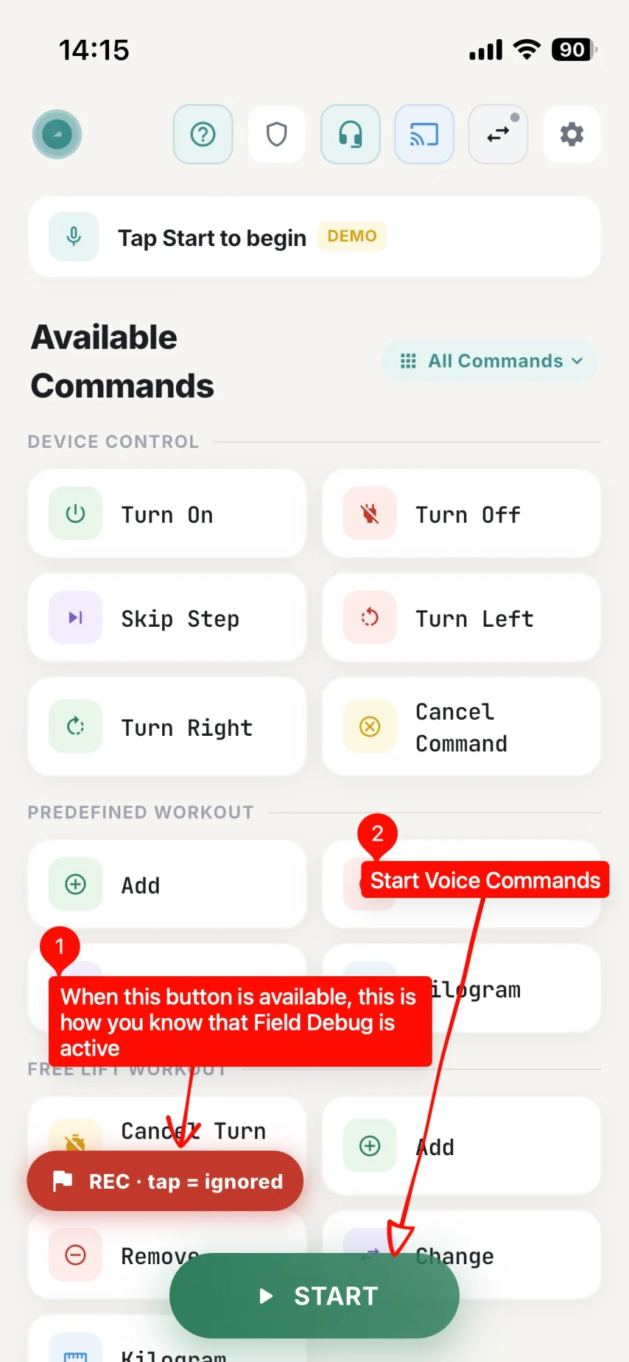 GMVoice main screen with the red 'REC · tap = ignored' pill visible, marked as the indicator that Field Debug is active, and the green START button marked as the way to start voice commands.