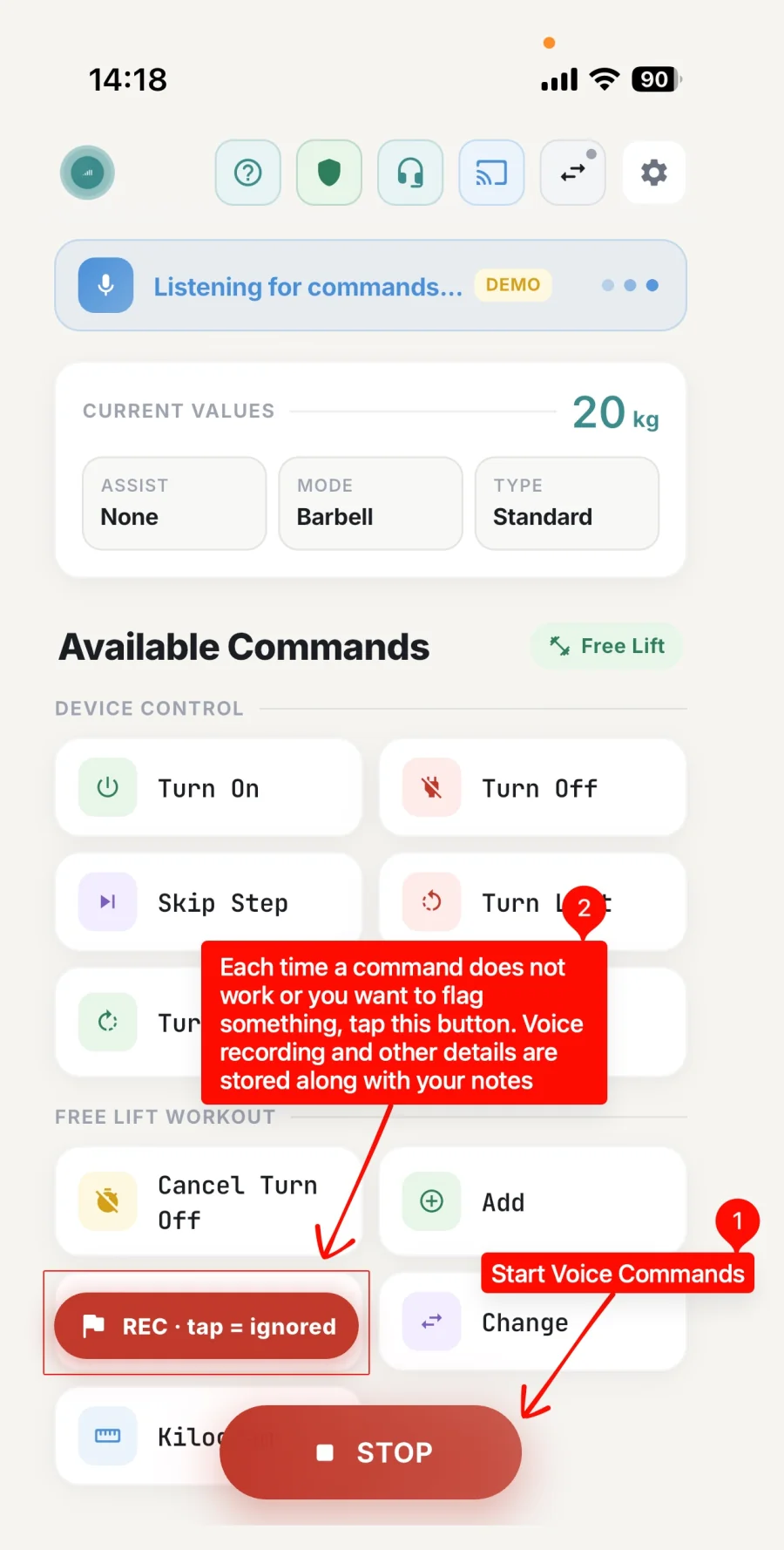 GMVoice listening for commands during a Free Lift workout, with the red REC pill highlighted as the button to tap each time a command does not work, and the STOP button marked.