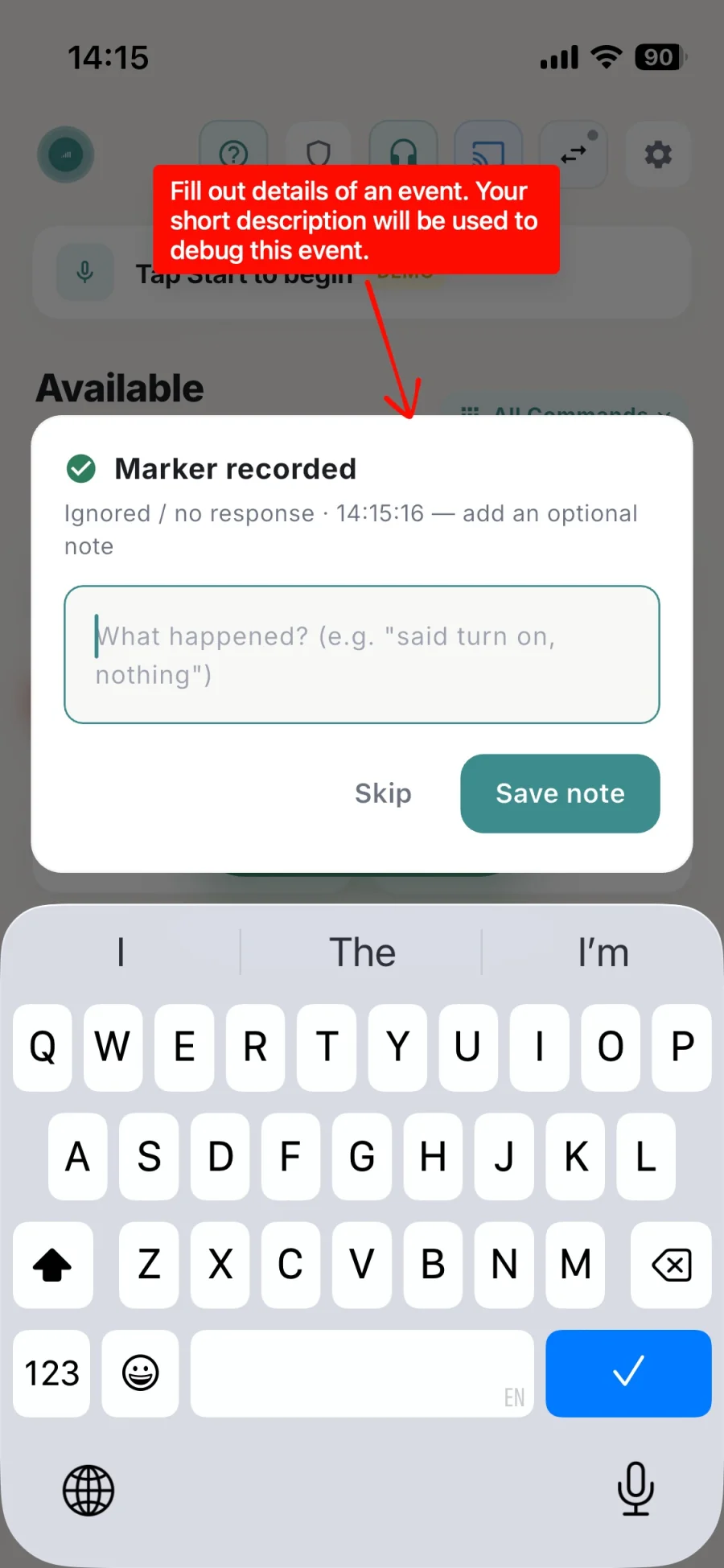 The GMVoice 'Marker recorded' dialog showing an ignored / no response event with a timestamp and a text field asking 'What happened? (e.g. said turn on, nothing)', with Skip and Save note buttons.