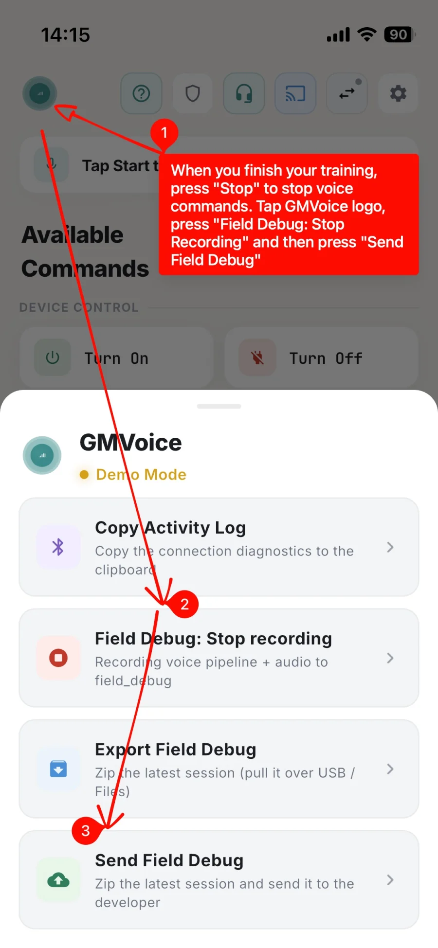 The GMVoice advanced options panel showing the 'Field Debug: Stop recording' and 'Send Field Debug' rows, numbered in the order they should be tapped.