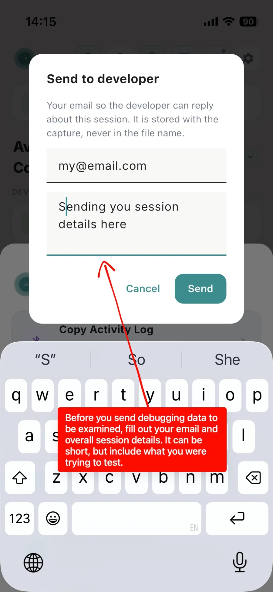 The GMVoice 'Send to developer' dialog with an email field and a message field for session details, and Cancel and Send buttons.