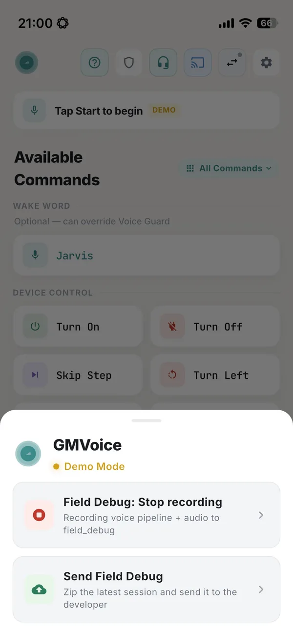 Le panneau de débogage de GMVoice avec les lignes Field Debug: Stop recording et Send Field Debug.