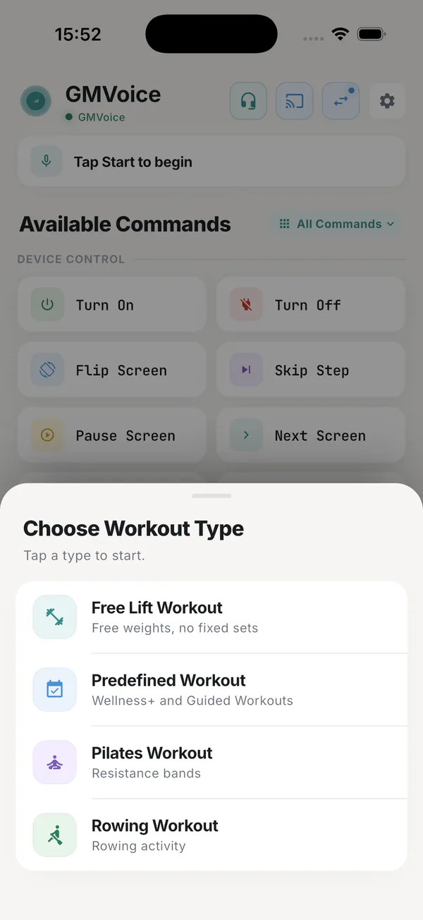 Le sélecteur de type de séance dans GMVoice avec Free Lift Workout, Predefined Workout, Pilates Workout et Rowing Workout.