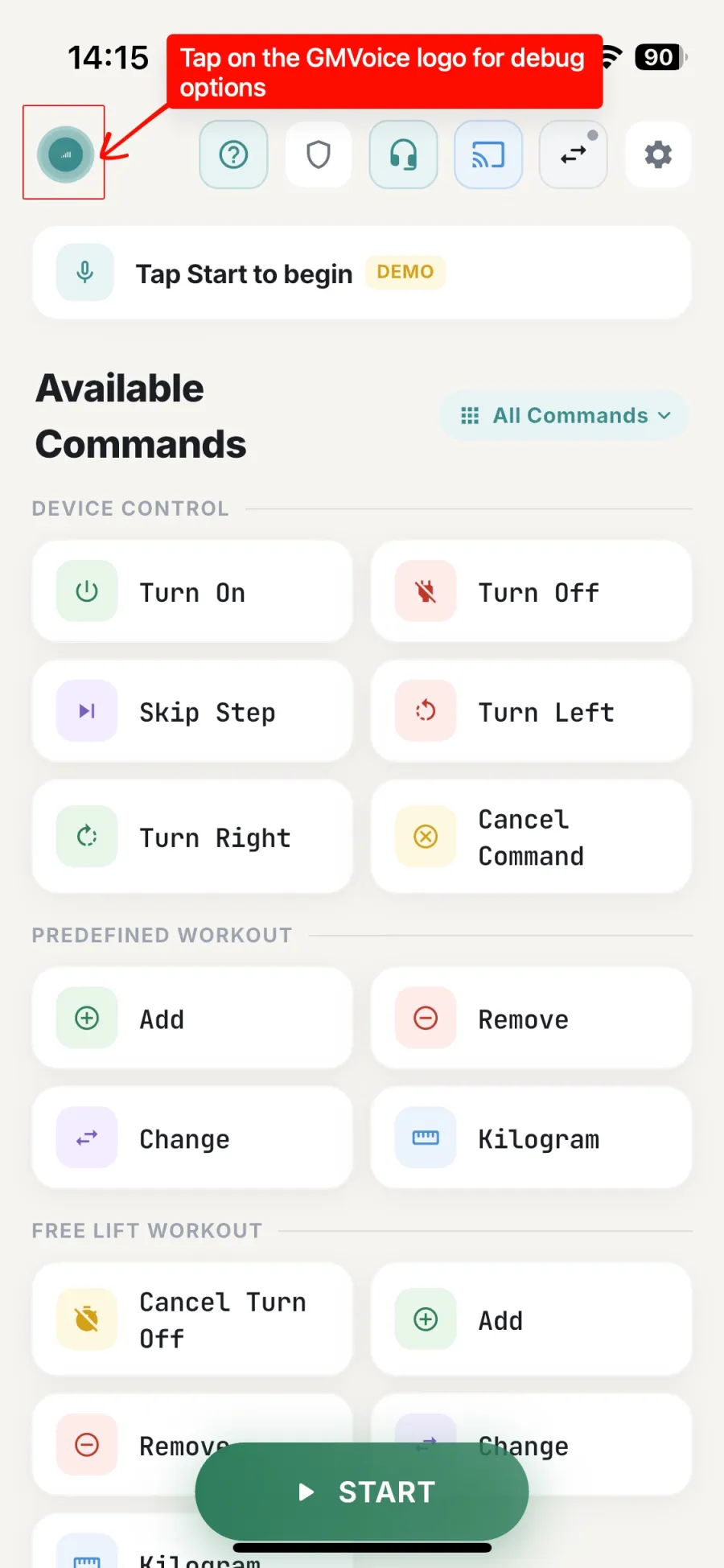 GMVoice main screen with the GMVoice logo in the top-left corner highlighted and a label saying to tap the logo for debug options.