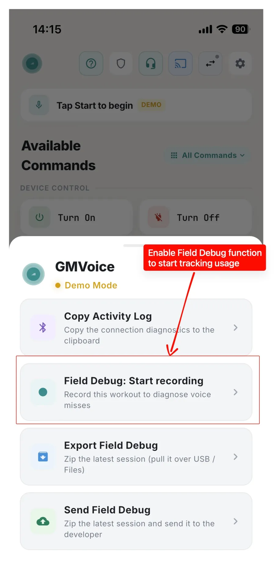 The GMVoice debug panel with the 'Field Debug: Start recording' row highlighted, above Export Field Debug and Send Field Debug.