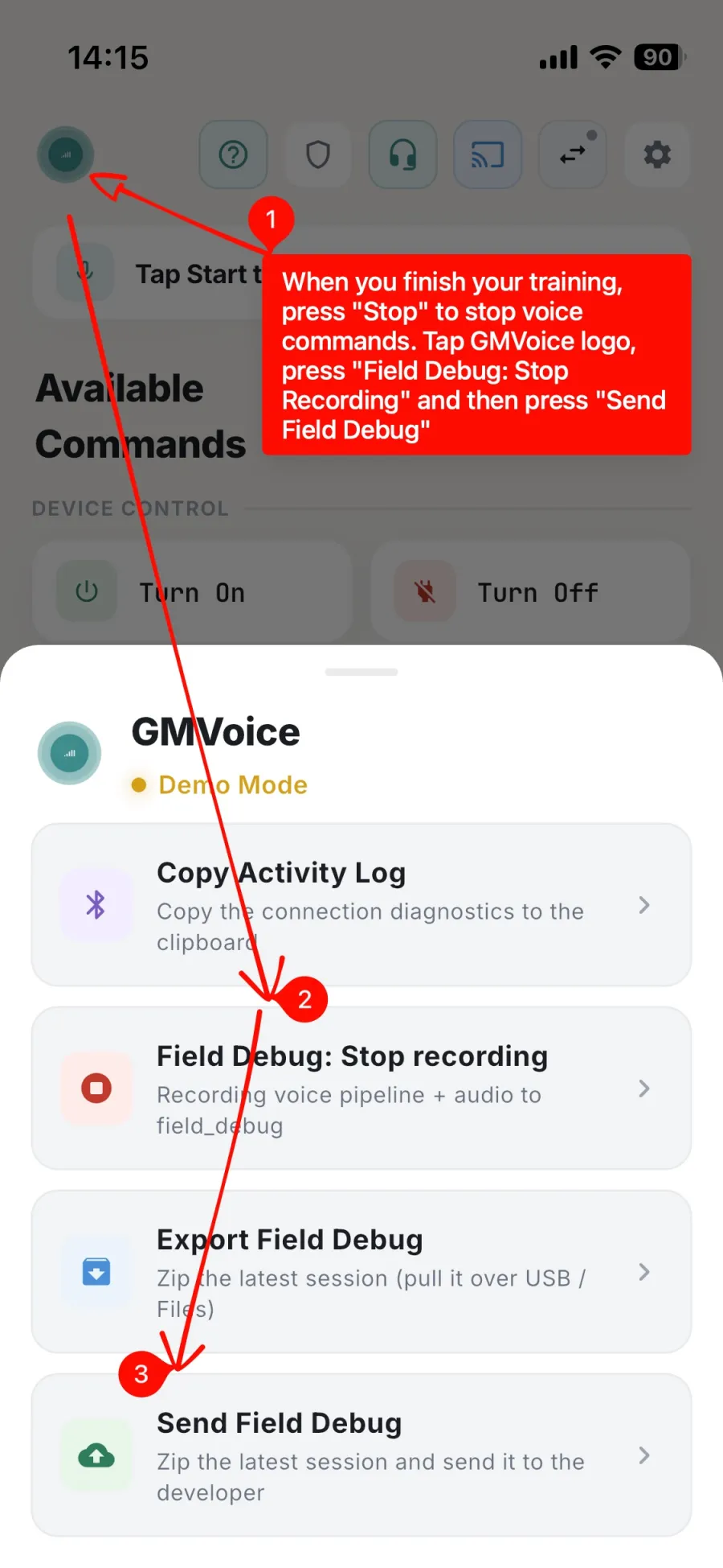 The GMVoice debug panel with numbered arrows pointing at the GMVoice logo, 'Field Debug: Stop recording' and 'Send Field Debug'.