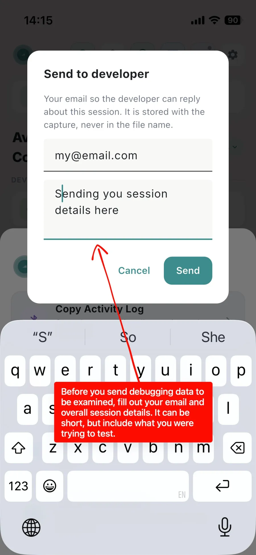 The GMVoice 'Send to developer' dialog with an email field and a message field describing the session, and Cancel and Send buttons.